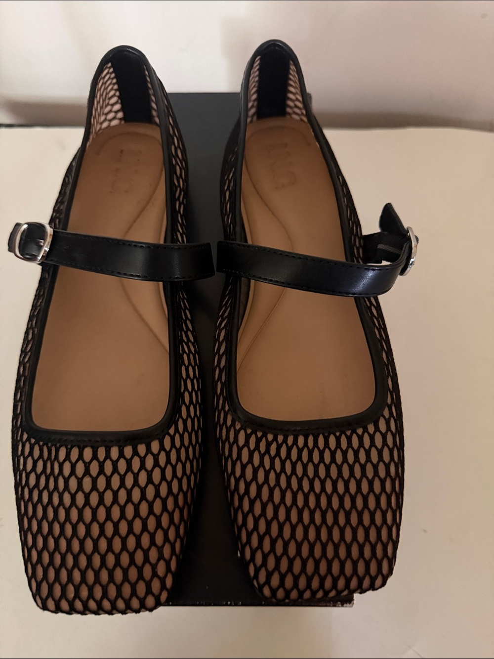 INC International Concepts Black Mesh Mary Jane Flats with Tan Insole